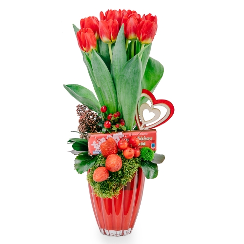 Red tulips, strawberries and chocolate